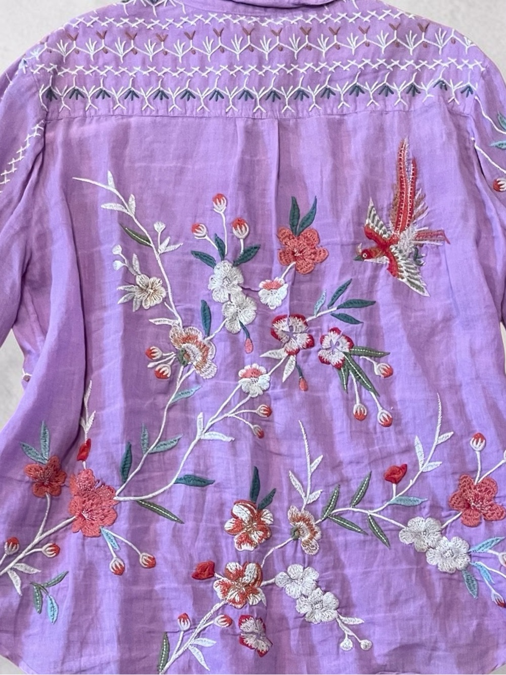 Johnny Was Lavender Floral Embroidered Button-Down Shirt - Picture 3 of 7
